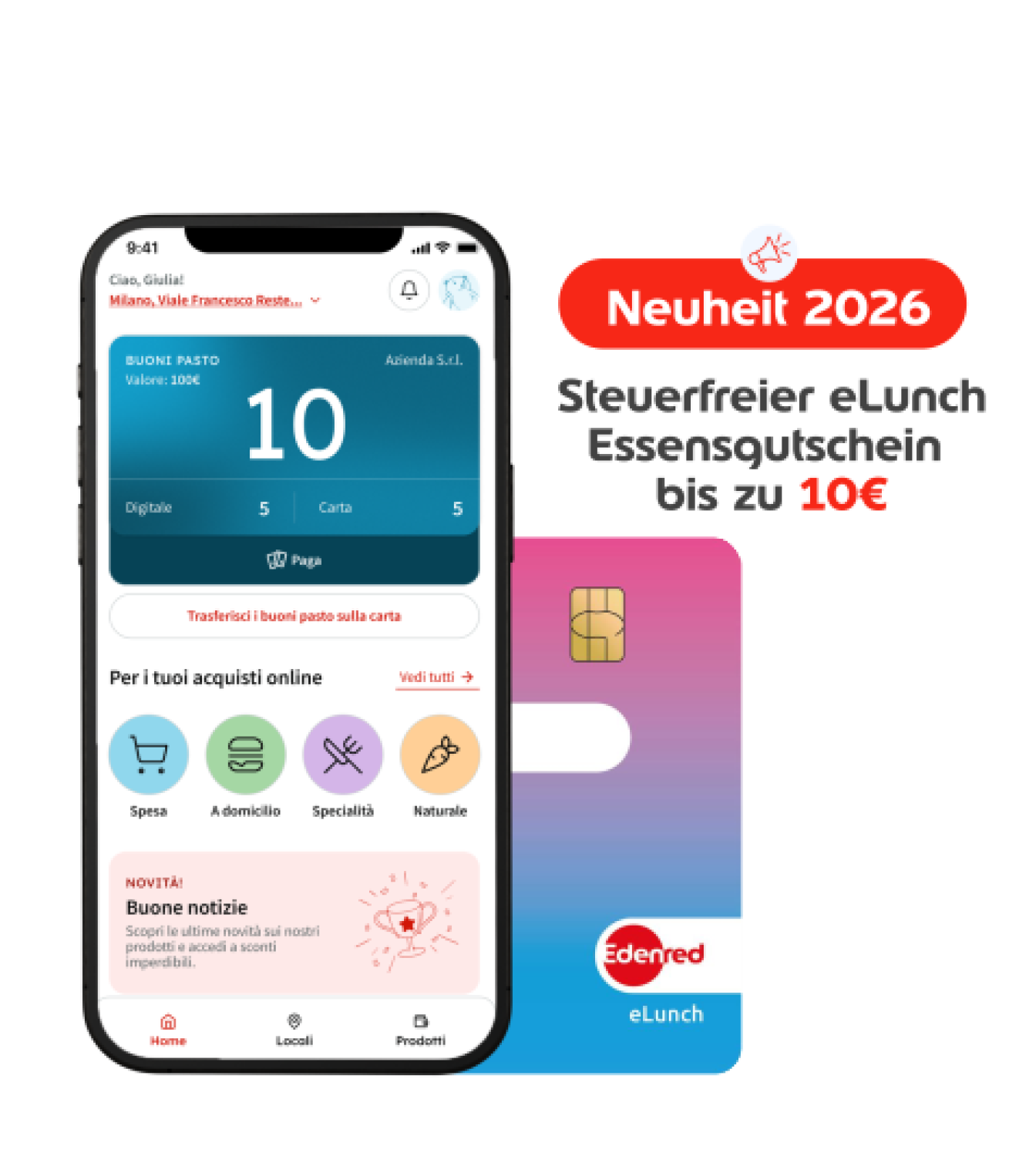Screenshot der Edenred App mit eLunch Essensgutscheinen, digitaler Karte, Nutzung für Restaurants und Einkäufe sowie Hinweis auf die steuerfreie Grenze bis 10 Euro ab 2026.
